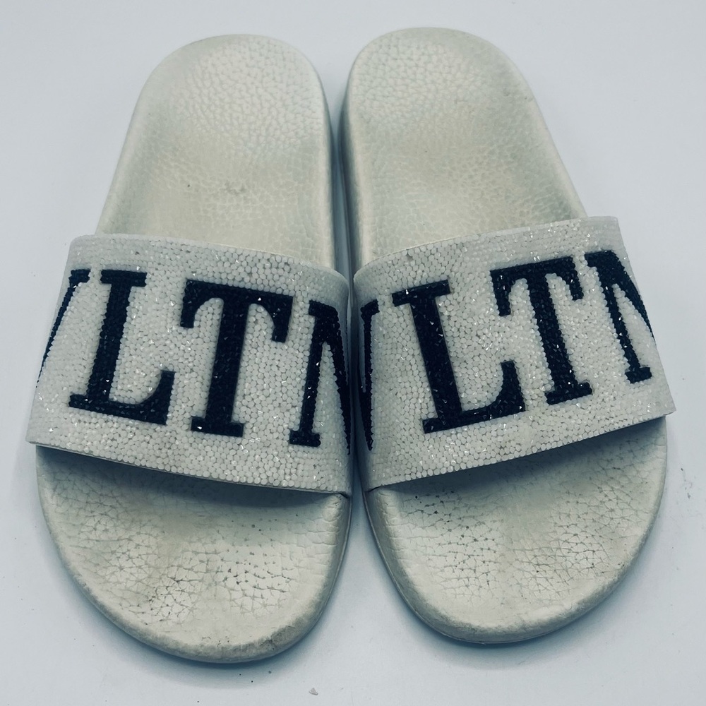 Valentino Garavani Women's Crystal Logo Slides Flat Sandals White Size 37